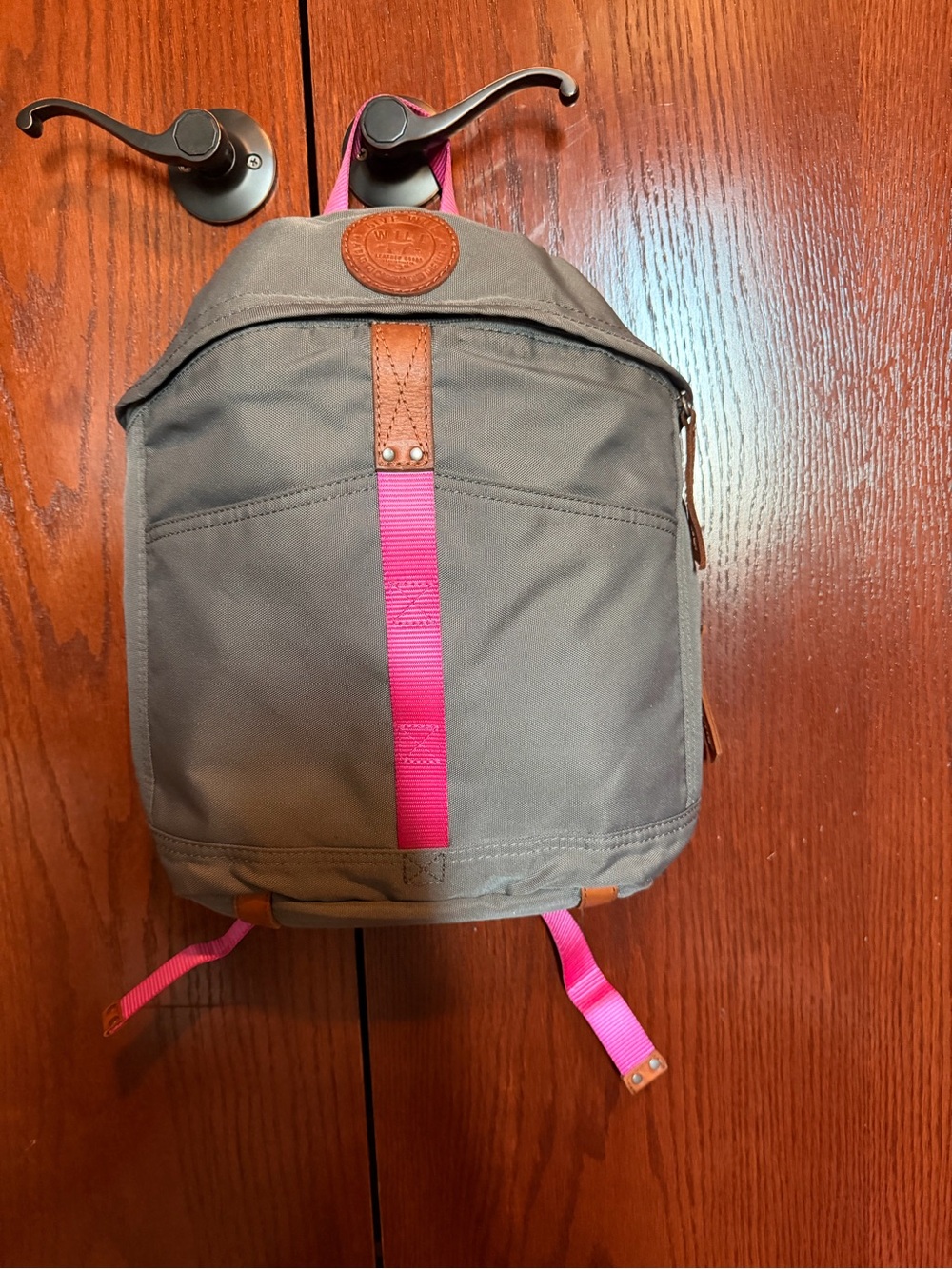 Will Leather Goods Gray Canvas Medium Backpack with leather and Pink Accent